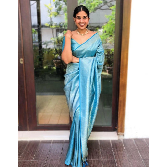 Generic Women's Litchi silk Printed Saree With Unstitched Blouse (Sky Blue)