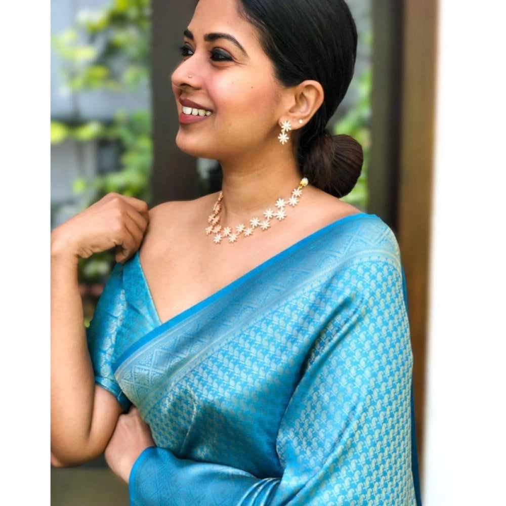 Generic Women's Litchi silk Printed Saree With Unstitched Blouse (Sky Blue)