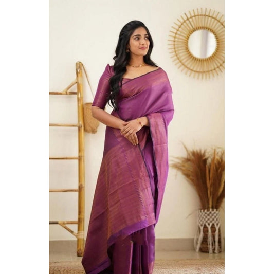 Generic Women's Litchi silk Printed Saree With Unstitched Blouse (Purple)