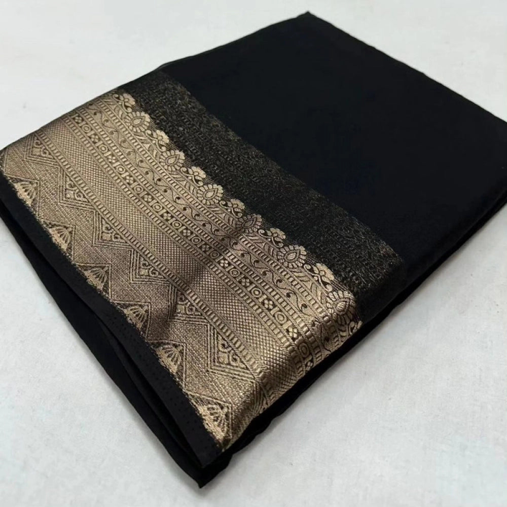 Women's Crepe Chit Pallu Solid Saree With Unstitched Blouse 5.5Mtr (Black)