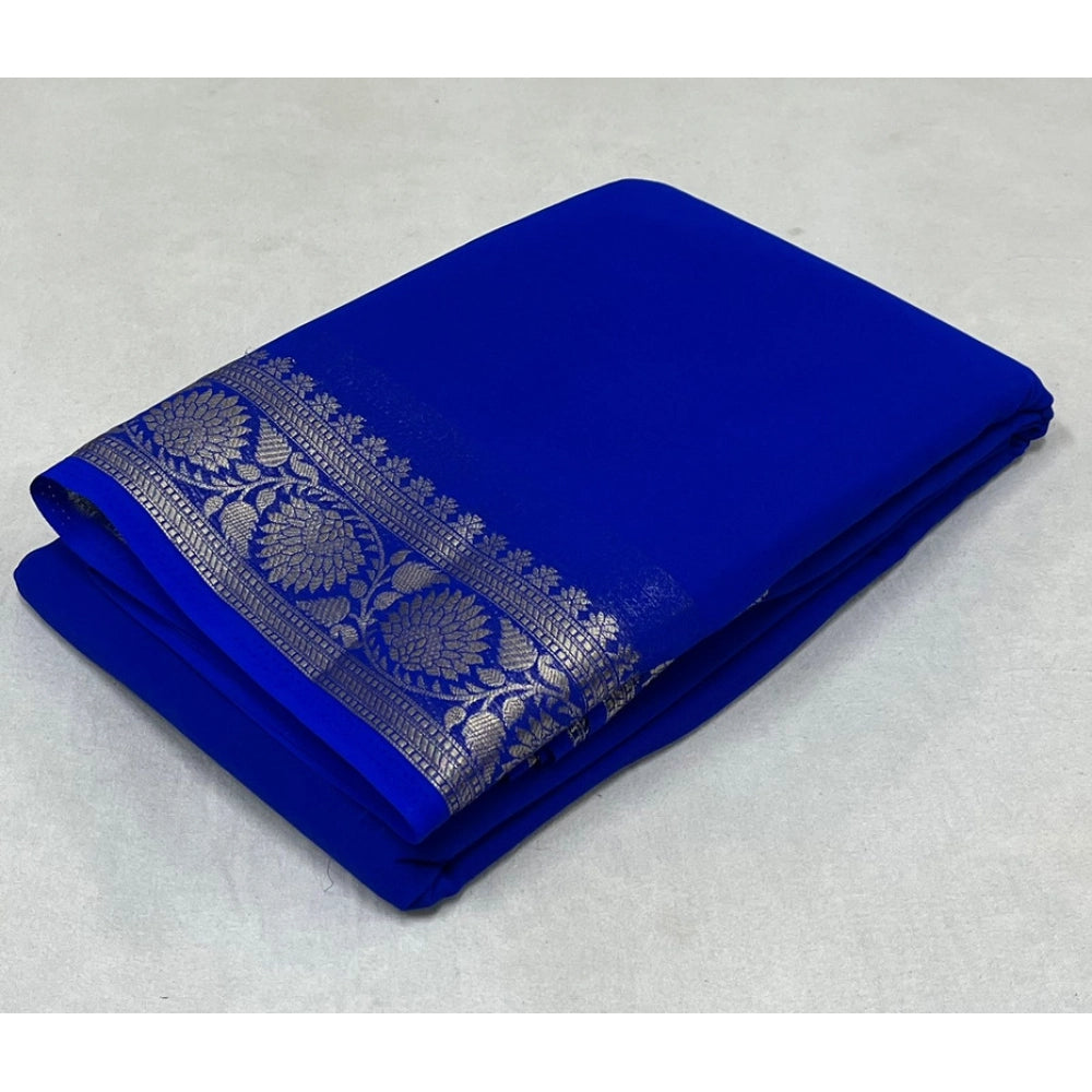 Women's Crepe Chit Pallu Solid Saree With Unstitched Blouse 5.5Mtr (Blue)