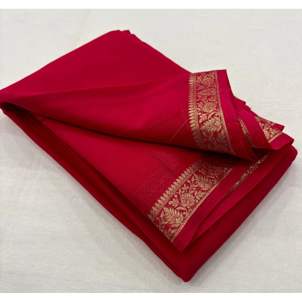 Women's Crepe Chit Pallu Solid Saree With Unstitched Blouse 5.5Mtr (Red)