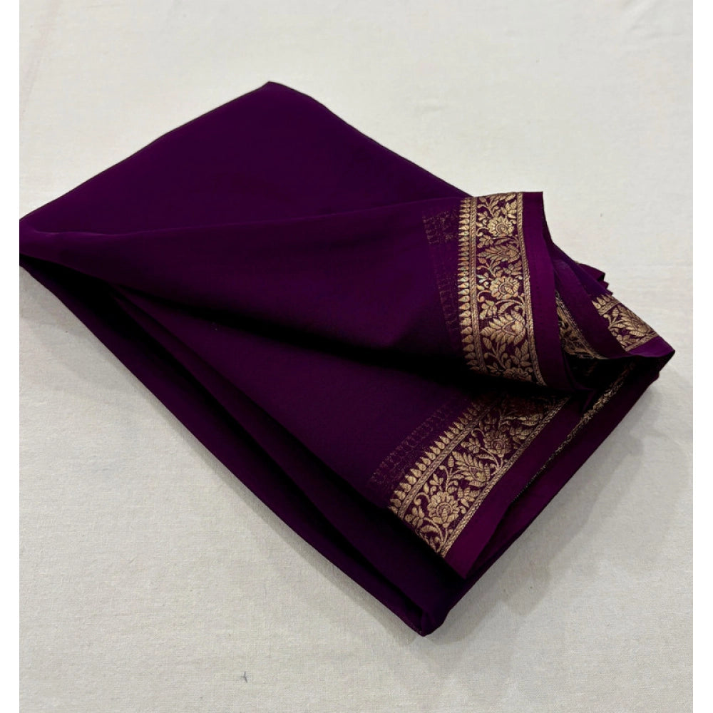 Women's Crepe Chit Pallu Solid Saree With Unstitched Blouse 5.5Mtr (Dark Purple)
