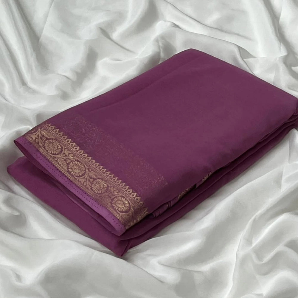 Women's Crepe Chit Pallu Solid Saree With Unstitched Blouse 5.5Mtr (Light Pink)