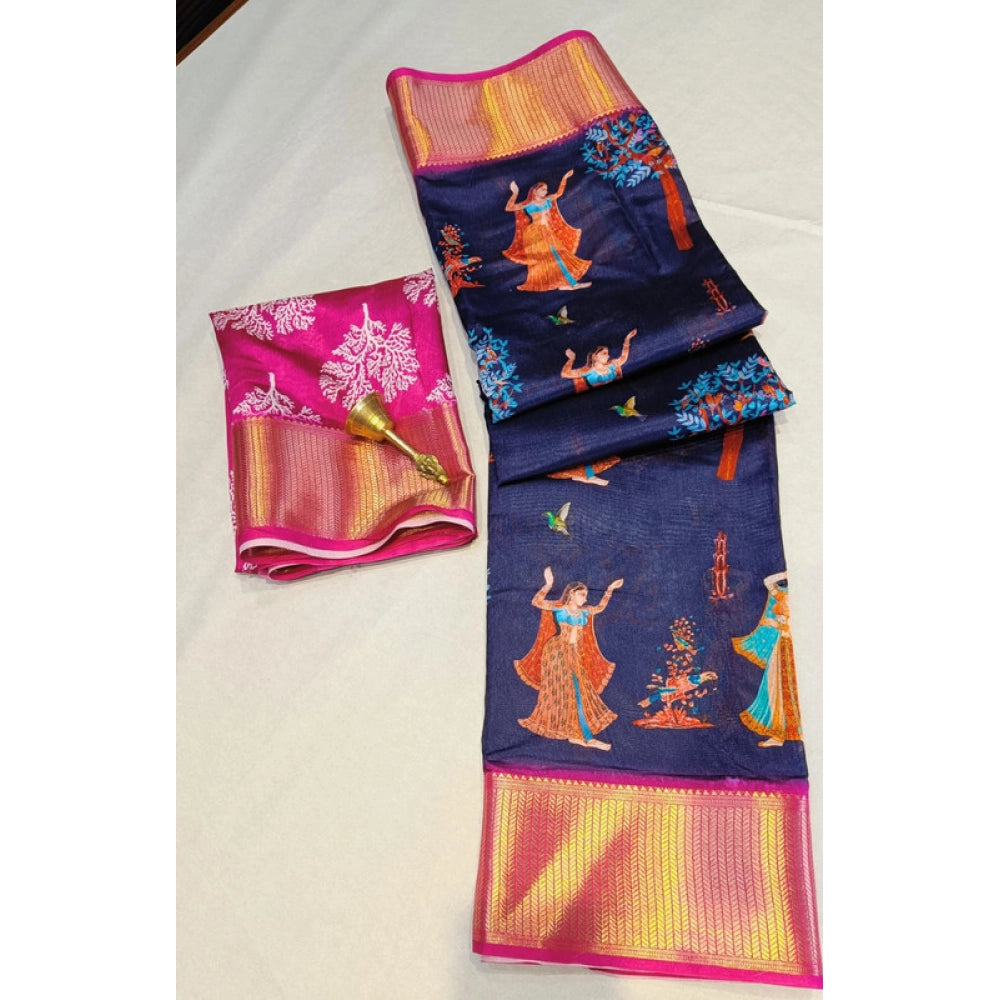 Women's Digital Dolla Silk Printed Saree With Unstitched Blouse 5.5Mtr (Navy Blue)
