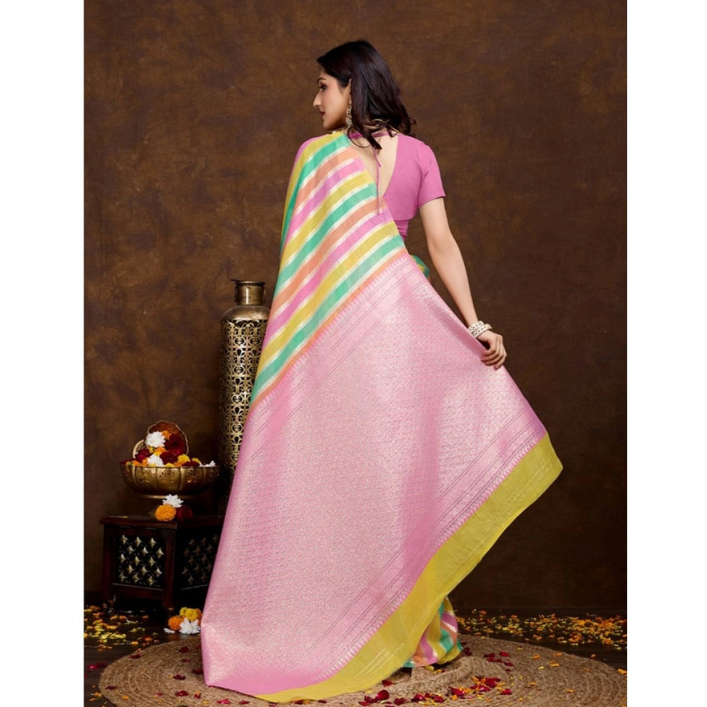 Women's Cotton Blended Printed Saree With Unstitched Blouse 5.5Mtr (Pink)