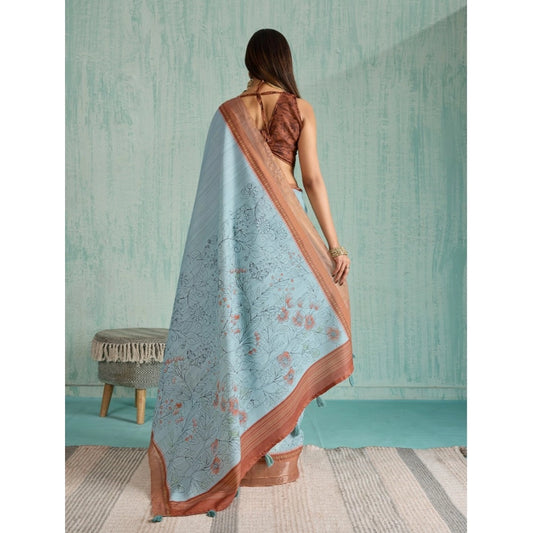 Women's Silk Blend Printed Saree With Unstitched Blouse 5.5Mtr (Blue)