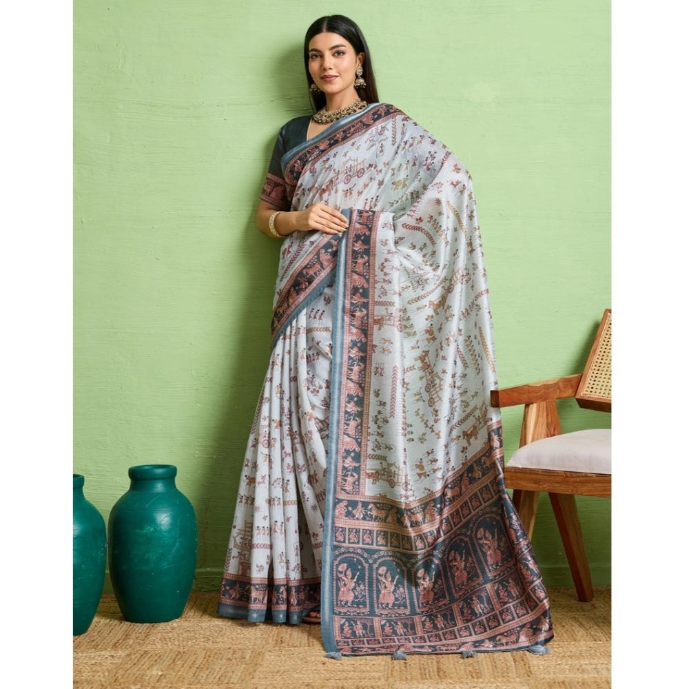 Women's Silk Blend Printed Saree With Unstitched Blouse 5.5Mtr (Grey)