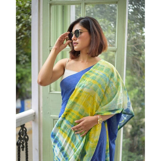 Women's Linen Printed Saree With Unstitched Blouse 5.5Mtr (Blue)