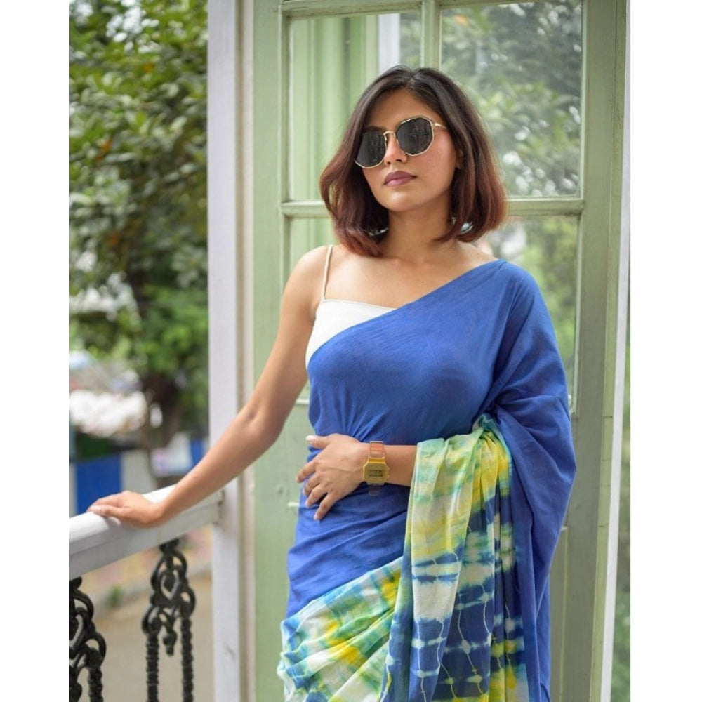 Women's Linen Printed Saree With Unstitched Blouse 5.5Mtr (Blue)