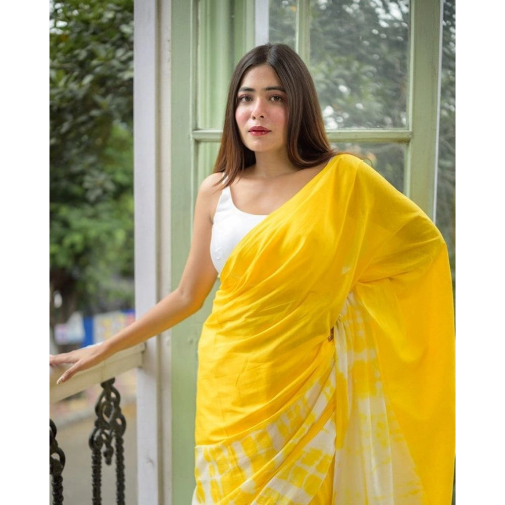 Women's Linen Printed Saree With Unstitched Blouse 5.5Mtr (Yellow)