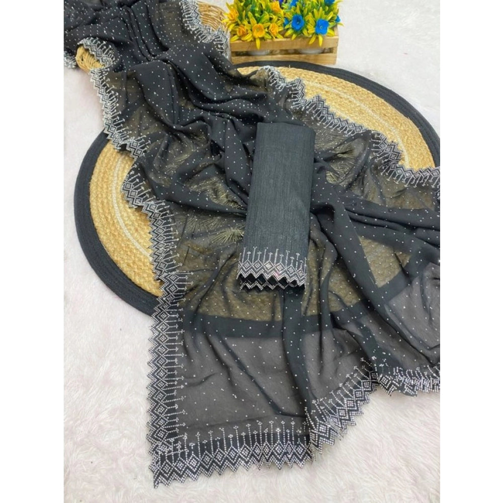 Women's Georgette Stone Work Saree With Unstitched Blouse 5.5Mtr (Black)