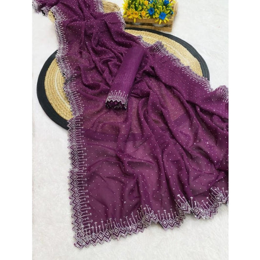 Women's Georgette Stone Work Saree With Unstitched Blouse 5.5Mtr (Purple)