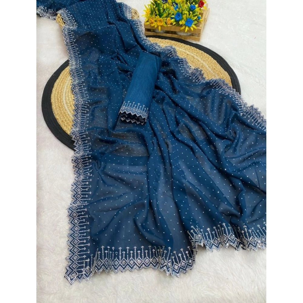 Women's Georgette Stone Work Saree With Unstitched Blouse 5.5Mtr (Light Green)