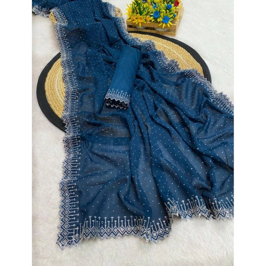 Women's Georgette Stone Work Saree With Unstitched Blouse 5.5Mtr (Light Green)