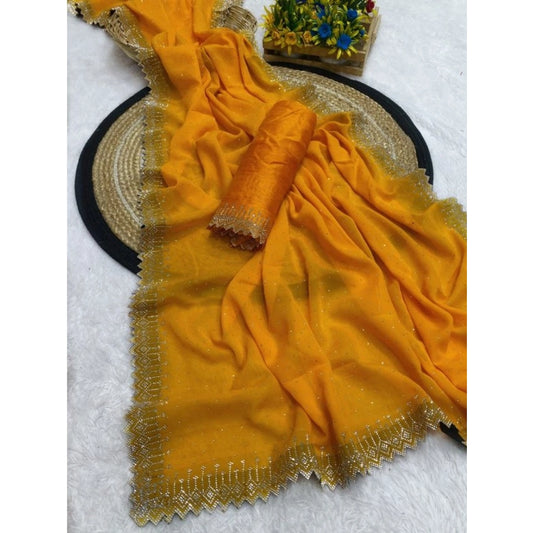 Women's Georgette Stone Work Saree With Unstitched Blouse 5.5Mtr (Yellow)