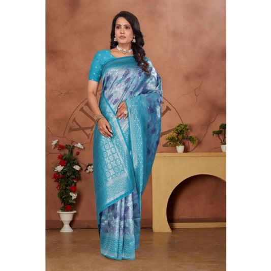 Women's Banarasi Silk Jaquard Woven Saree With Unstitched Blouse 5.5Mtr (Light Blue)