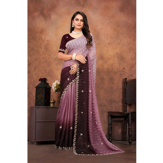 Women's Chiffon Embroidred Saree With Unstitched Blouse 5.5Mtr (Beige)