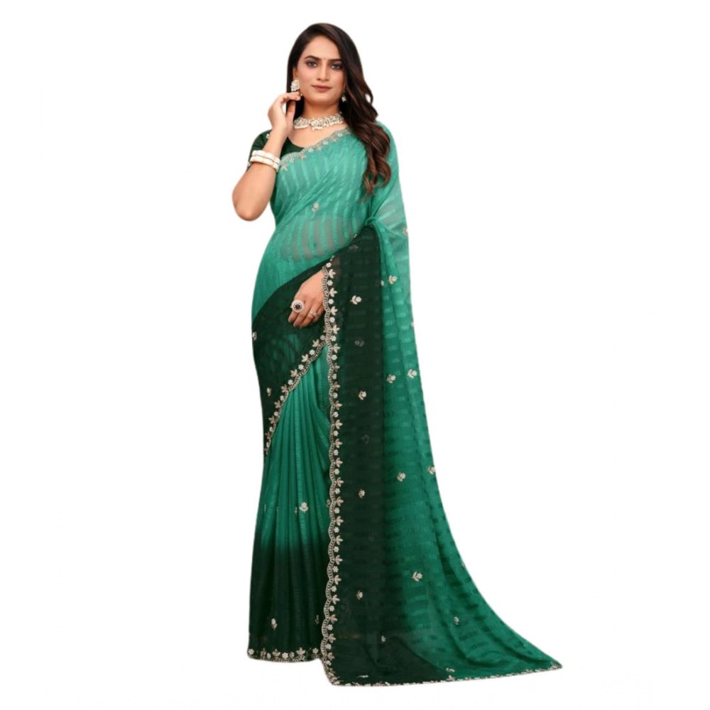 Women's Chiffon Embroidred Saree With Unstitched Blouse 5.5Mtr (Dark Green)