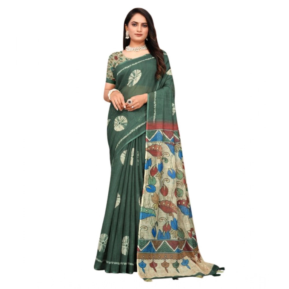 Women's Linen Printed Saree With Unstitched Blouse 5.5Mtr (Dark Green)