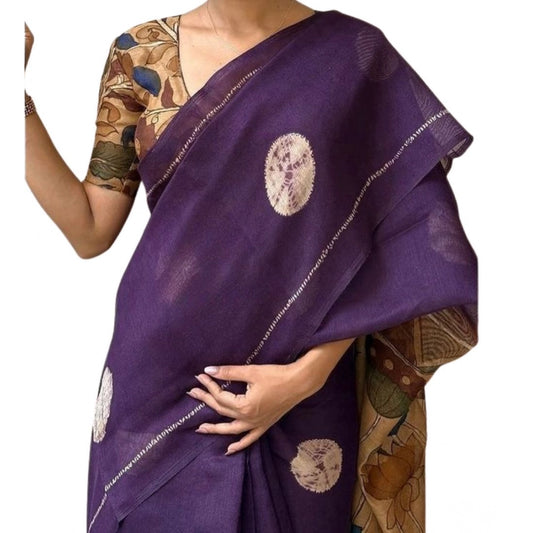 Women's Linen Printed Saree With Unstitched Blouse 5.5Mtr (Purple)