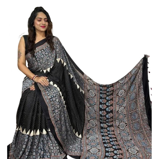 Women's Satin Printed Saree With Unstitched Blouse 5.5Mtr (Black)