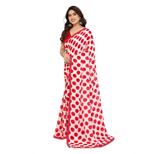 Women's Georgette Printed Saree With Unstitched Blouse 5.5Mtr (Red-White)