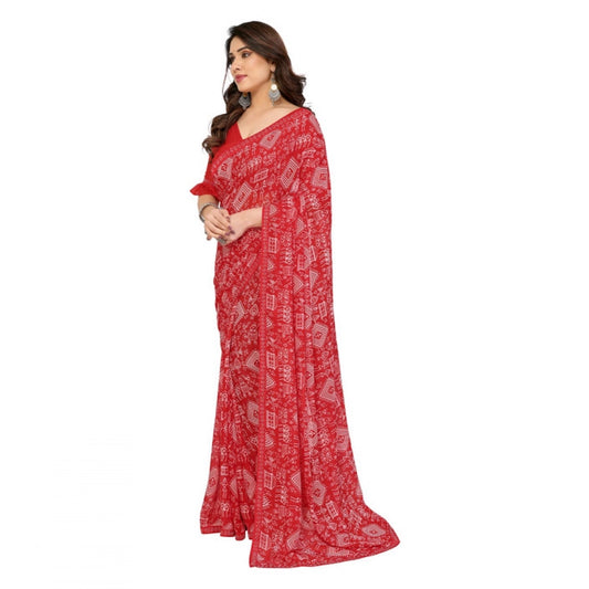 Women's Georgette Printed Saree With Unstitched Blouse 5.5Mtr (Red)