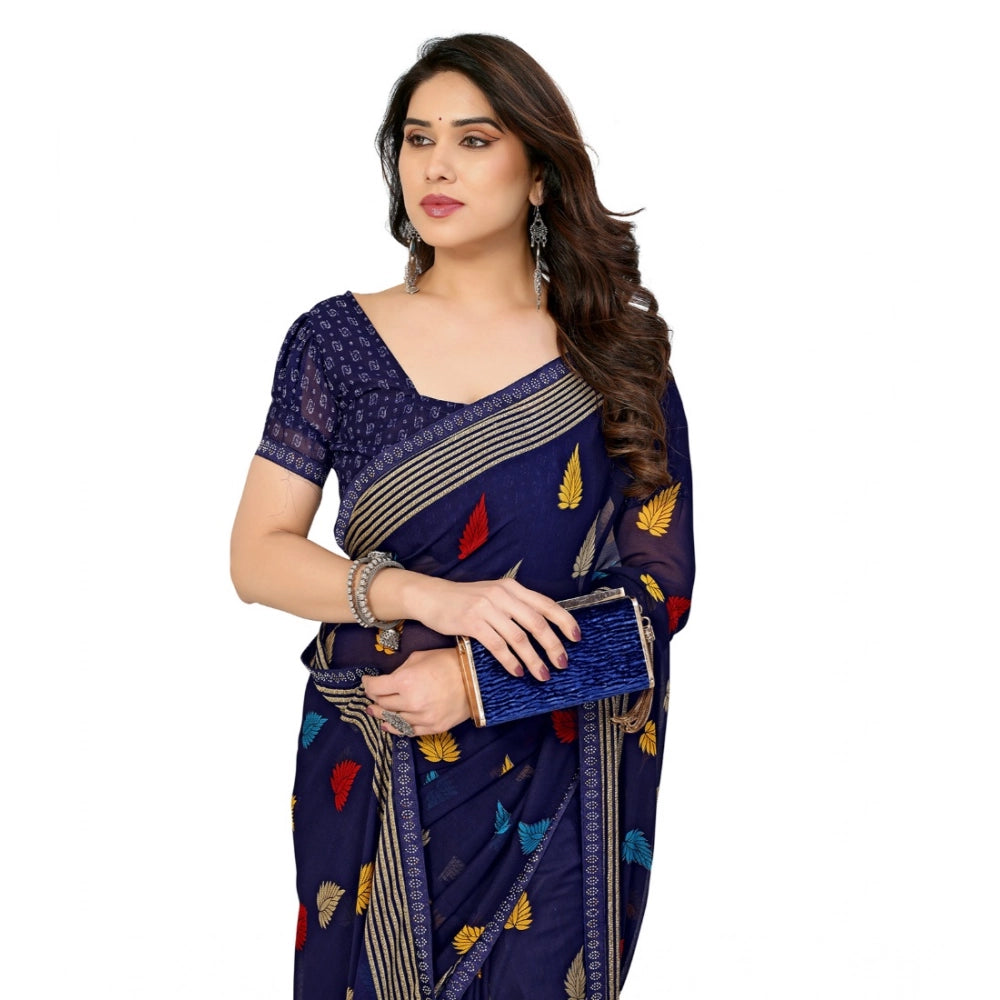 Women's Georgette Printed Saree With Unstitched Blouse 5.5Mtr (Navy Blue)