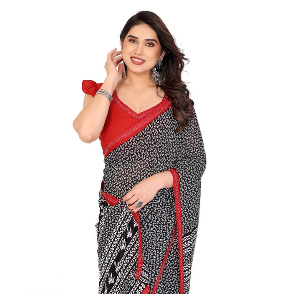 Women's Georgette Printed Saree With Unstitched Blouse 5.5Mtr (Black)