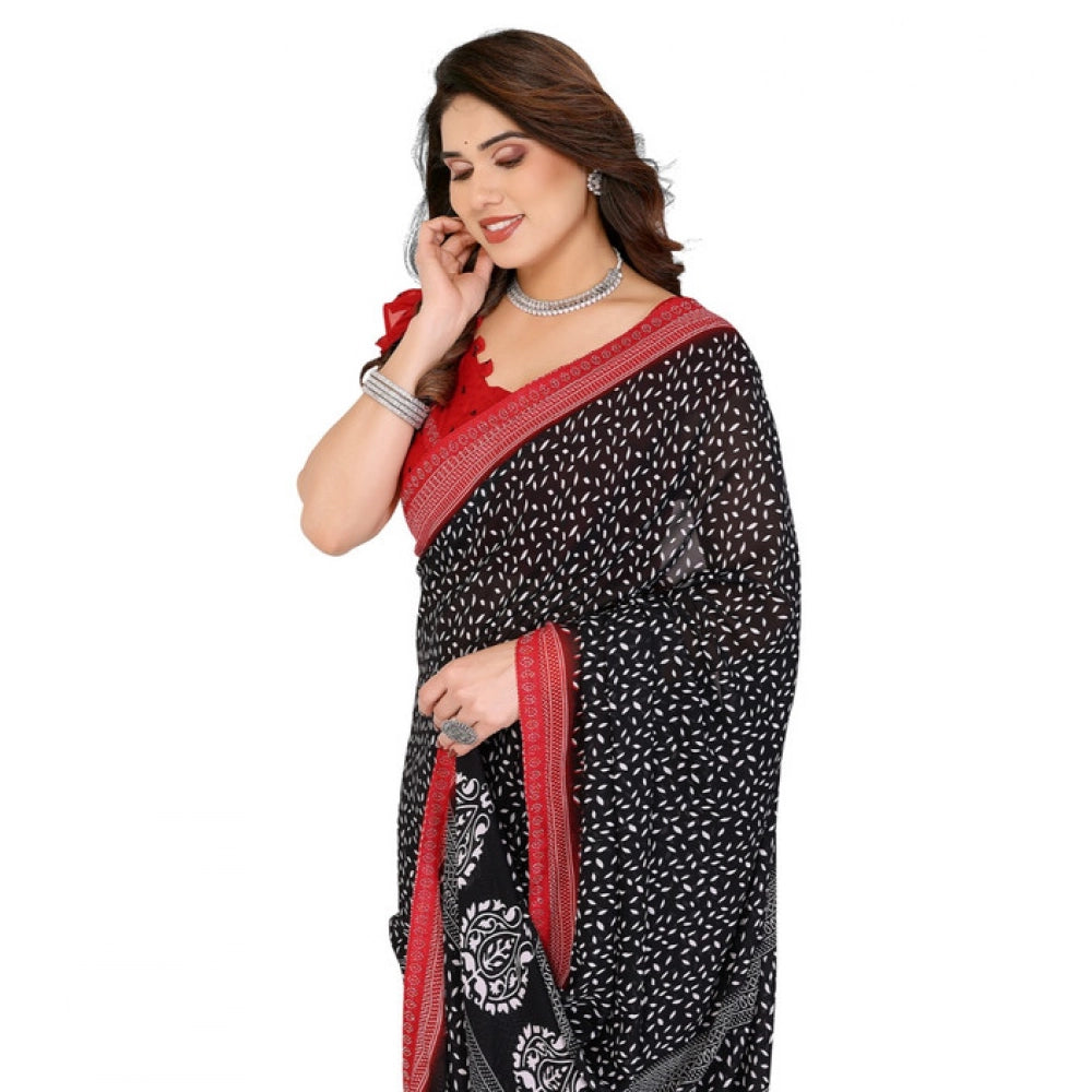 Women's Georgette Printed Saree With Unstitched Blouse 5.5Mtr (Black)
