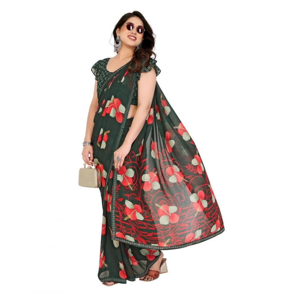 Women's Georgette Printed Saree With Unstitched Blouse 5.5Mtr (Green)