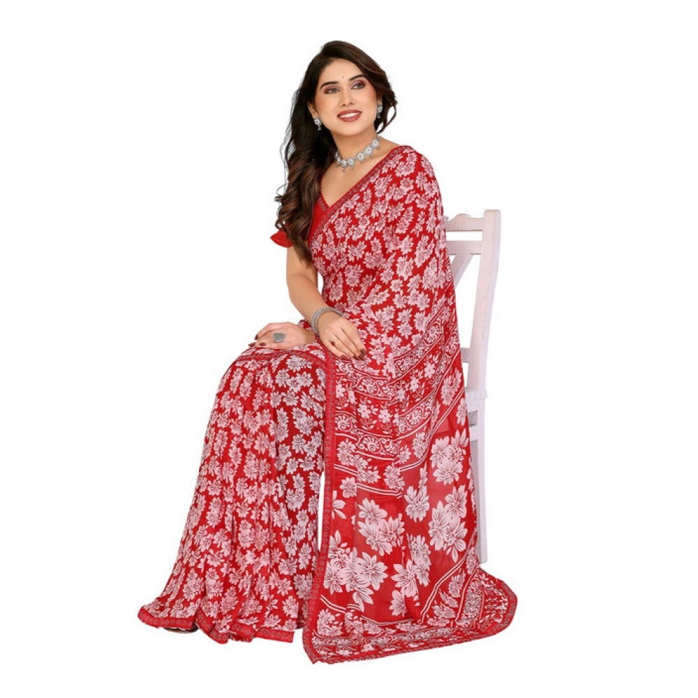 Women's Georgette Printed Saree With Unstitched Blouse 5.5Mtr (Red)