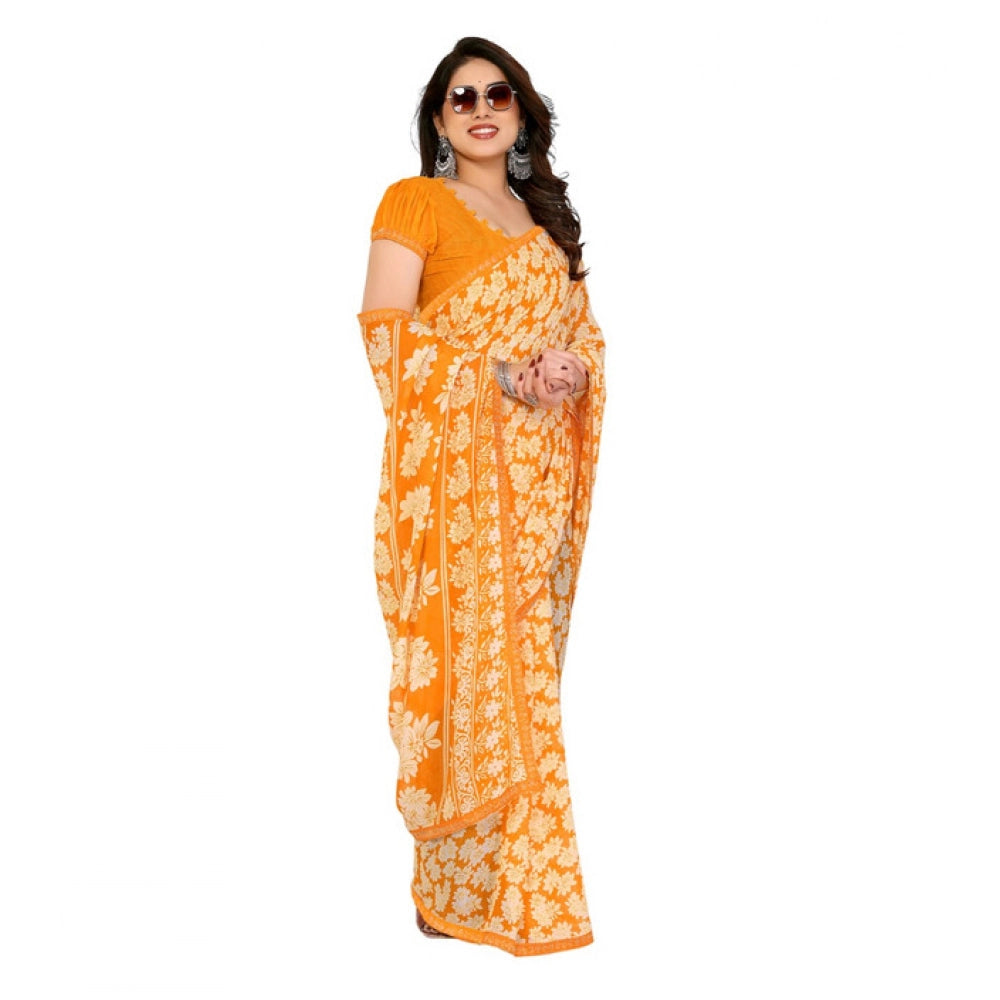 Women's Georgette Printed Saree With Unstitched Blouse 5.5Mtr (Yellow)