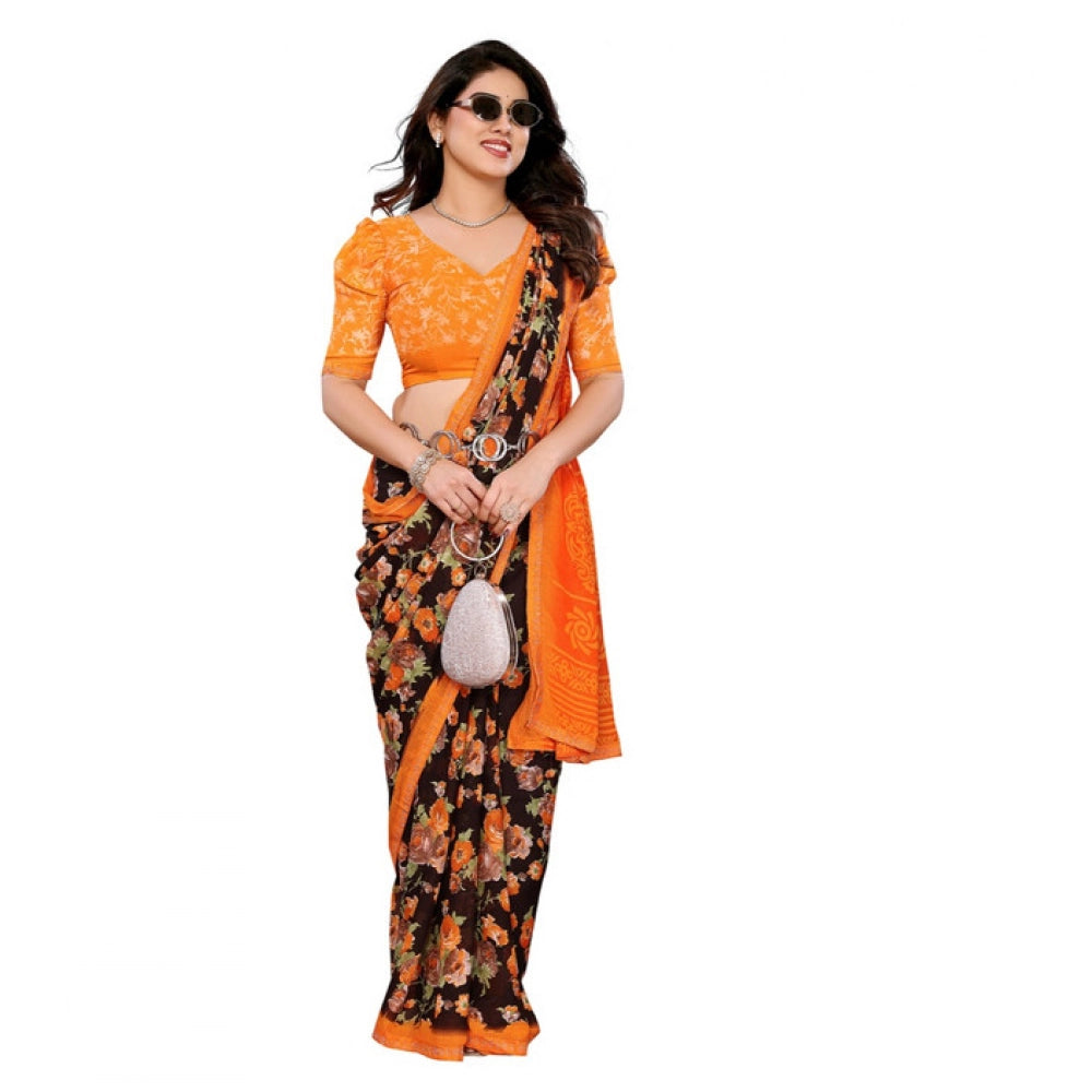 Women's Georgette Printed Saree With Unstitched Blouse 5.5Mtr (Mustard)