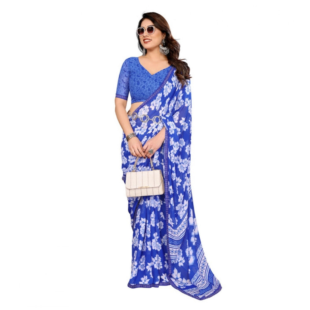 Women's Georgette Printed Saree With Unstitched Blouse 5.5Mtr (Blue)