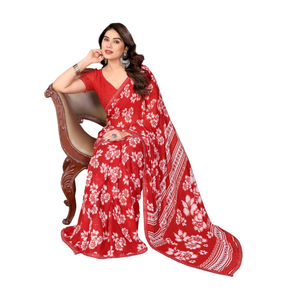 Women's Georgette Printed Saree With Unstitched Blouse 5.5Mtr (Red)