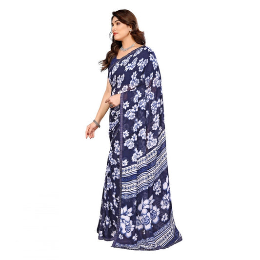 Women's Georgette Printed Saree With Unstitched Blouse 5.5Mtr (Blue)