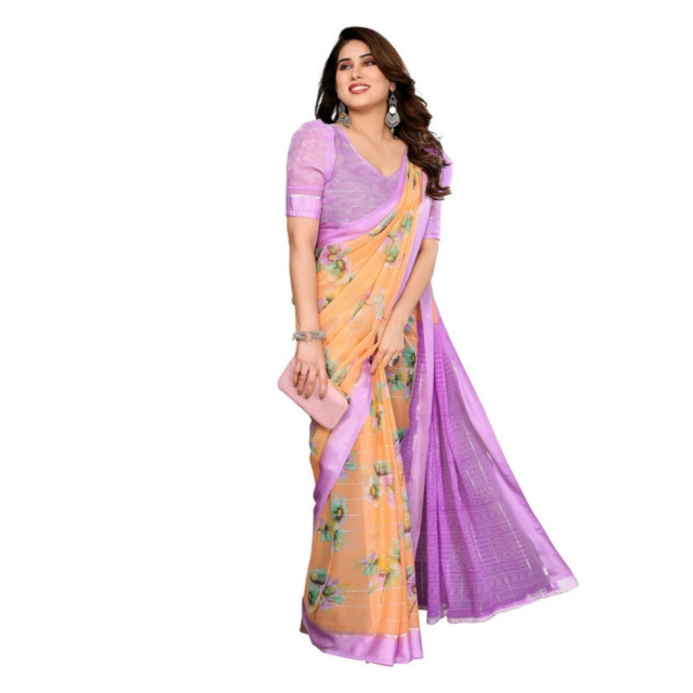 Women's Georgette Printed Saree With Unstitched Blouse 5.5Mtr (Orange)