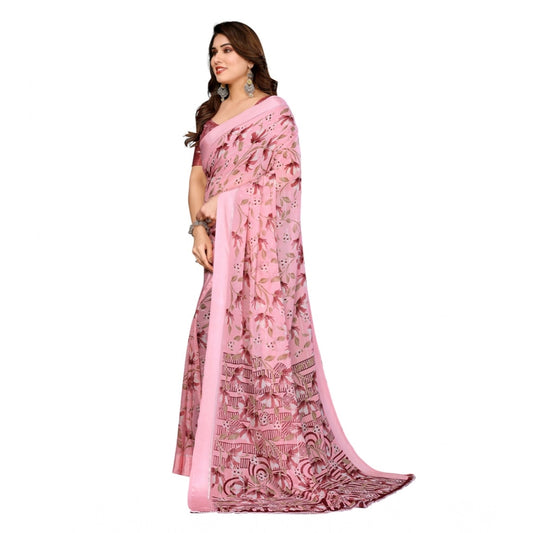 Women's Georgette Printed Saree With Unstitched Blouse 5.5Mtr (Pink)