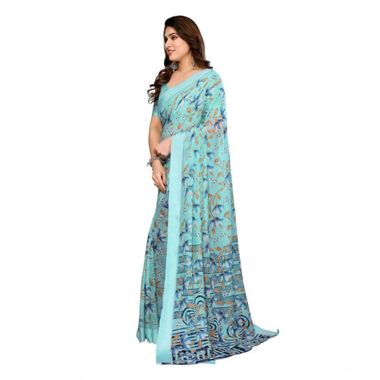 Women's Georgette Printed Saree With Unstitched Blouse 5.5Mtr (Blue)