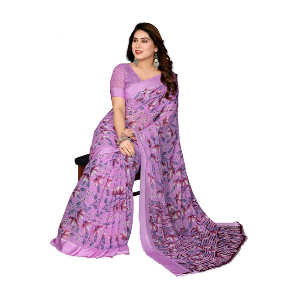Women's Georgette Printed Saree With Unstitched Blouse 5.5Mtr (Purple)
