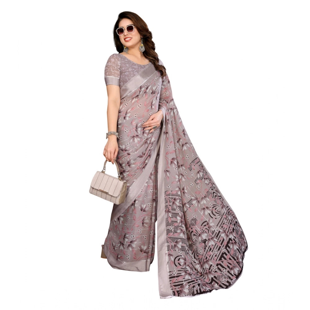 Women's Georgette Printed Saree With Unstitched Blouse 5.5Mtr (Grey)