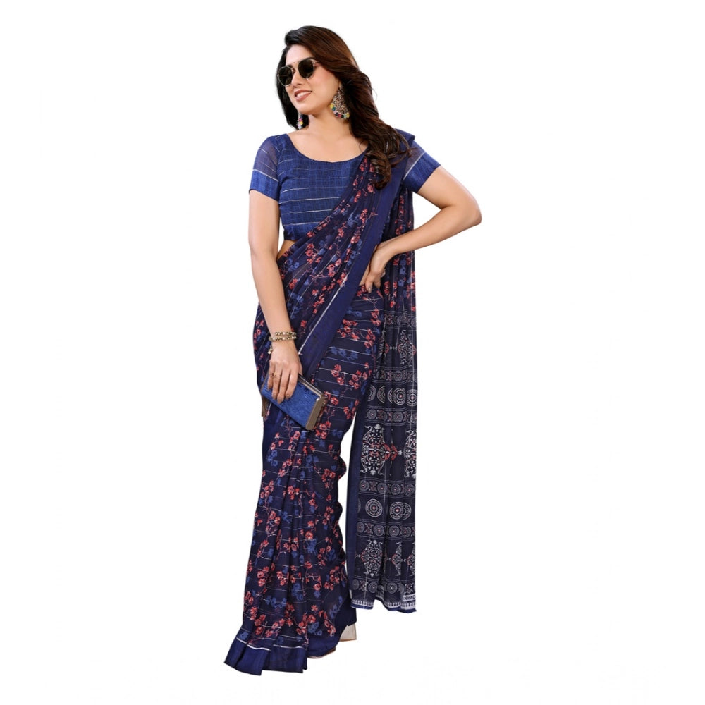 Women's Georgette Printed Saree With Unstitched Blouse 5.5Mtr (Blue)