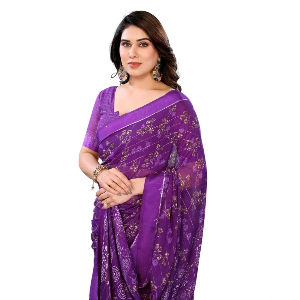 Women's Georgette Printed Saree With Unstitched Blouse 5.5Mtr (Purple)