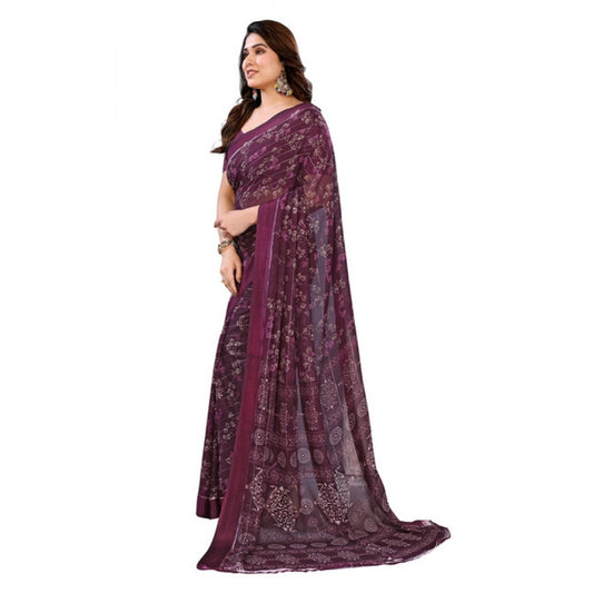 Women's Georgette Printed Saree With Unstitched Blouse 5.5Mtr (Wine)