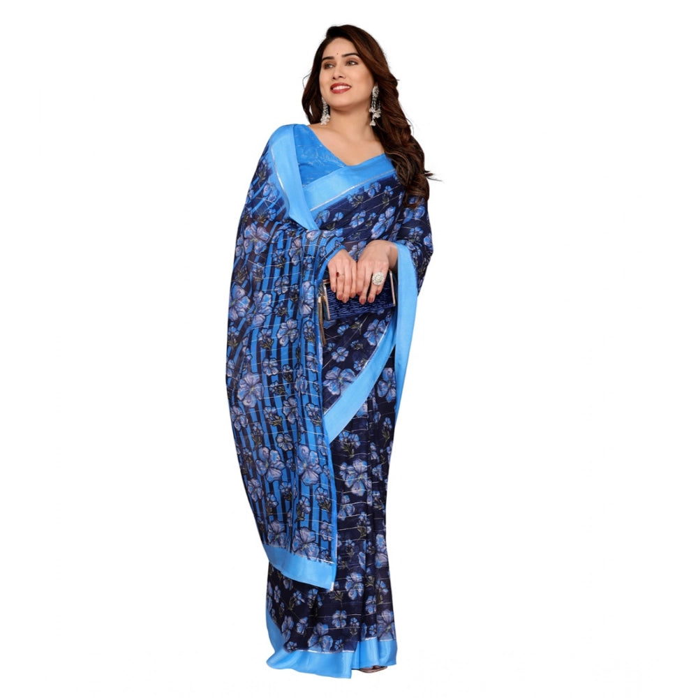 Women's Georgette Printed Saree With Unstitched Blouse 5.5Mtr (Blue)