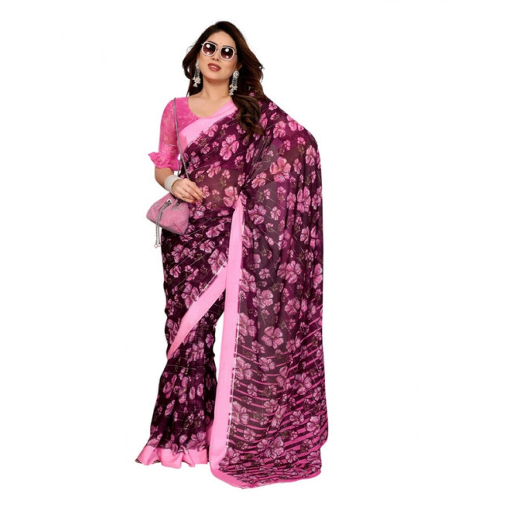 Women's Georgette Printed Saree With Unstitched Blouse 5.5Mtr (Pink)