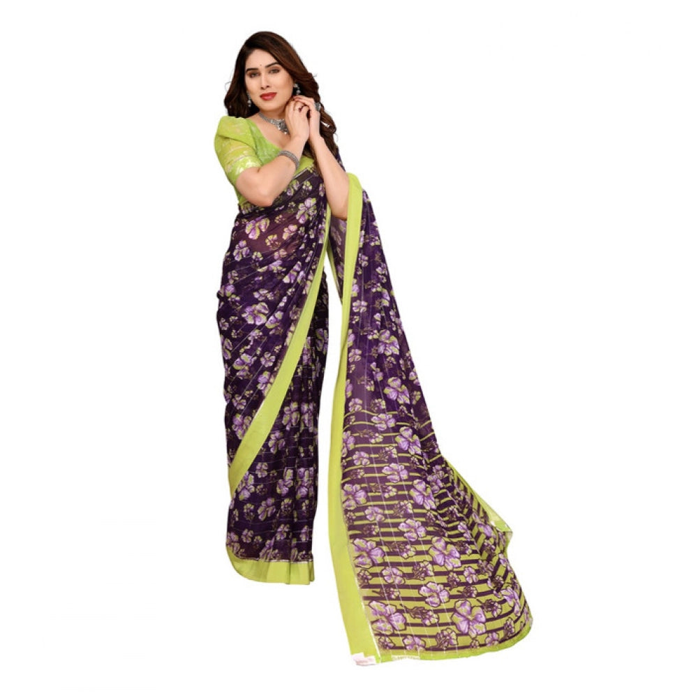 Women's Georgette Printed Saree With Unstitched Blouse 5.5Mtr (Purple)