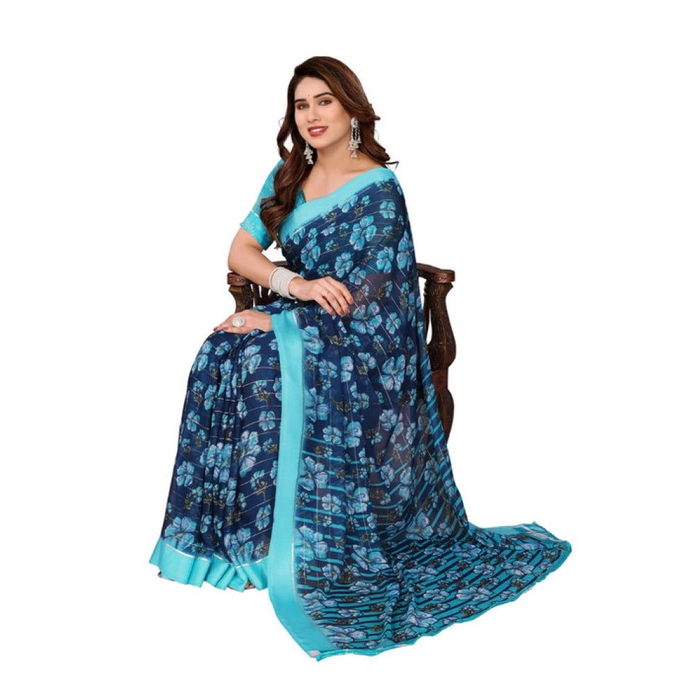 Women's Georgette Printed Saree With Unstitched Blouse 5.5Mtr (Sky Blue)